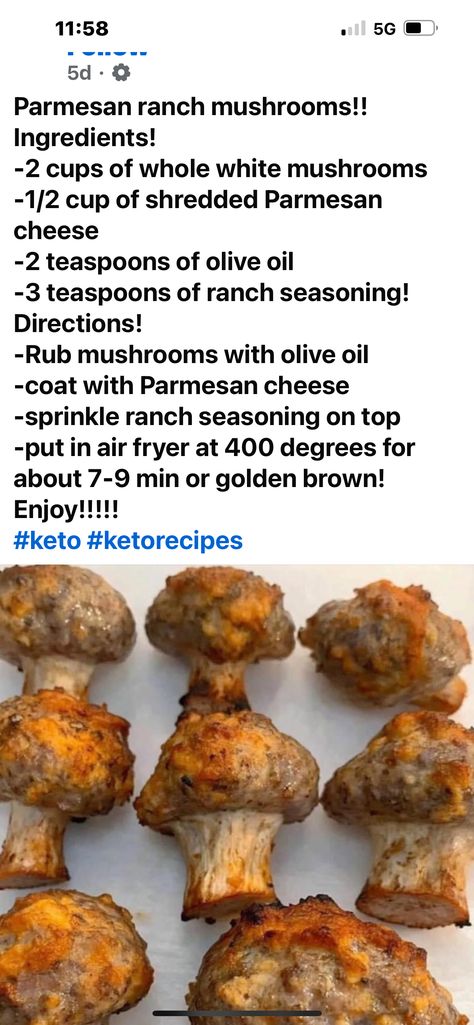 Ranch Mushrooms, Mushrooms Air Fryer, Air Fried Mushrooms, Air Fryer Mushrooms, Ranch Seasoning Recipes, Recipes Mushrooms, Parmesan Ranch, Bariatric Meal Prep, Keto Veggies