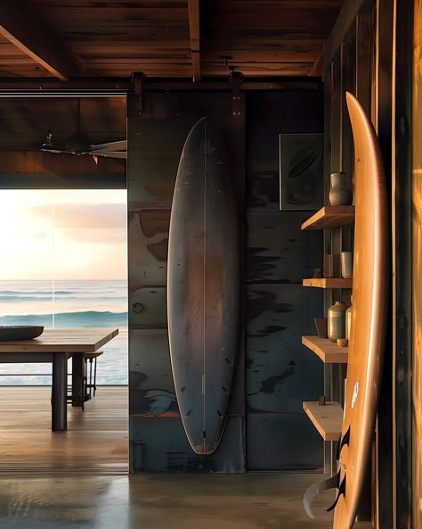 the surf shack | corten edition testing new views and vignettes. caught some nice underwave on accident which was fun 🤙🏼 #surf #surfer #surfshack #beach #ocean #midjourneyarchitect #midjourney #artificialintelligence #artificialarchitecture #artificialsketchbook #generativedesign #corten #steel Moody Surf Shack, Surf Shack Exterior, Surf Cabin, Surf Interior Design, Surf Shack Interior, Small Beach House Interior, Surf Interior, Surfer Shack, Surfer Home