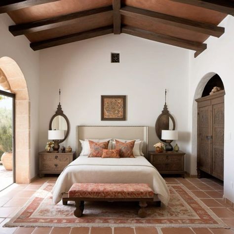 Spanish Art Deco Bedroom, Spanish Style Interior Design Bedroom, Andalucian House Interior, Mediterranean Bedroom Decor Ideas, California Spanish Style Homes Master Bedrooms, Spanish Farmhouse Bedroom, Spanish Traditional House, Spanish Style Bedrooms, Spanish Bedroom Design