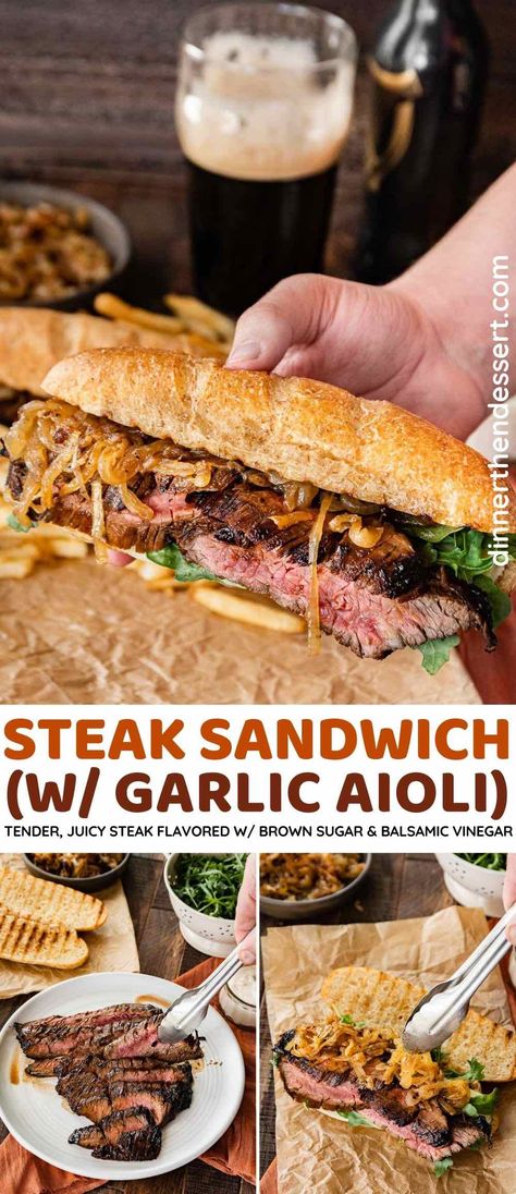 Balsamic Steak Sandwich, Sandwich Recipes Steak, Recipes With Garlic Aioli, Teriyaki Steak Sandwich, Steak And Onion Sandwich, Garlic Aoli Recipe For Steak, Garlic Bread Steak Sandwich, Sub Ideas Dinner, Best Steak Sandwich Recipe