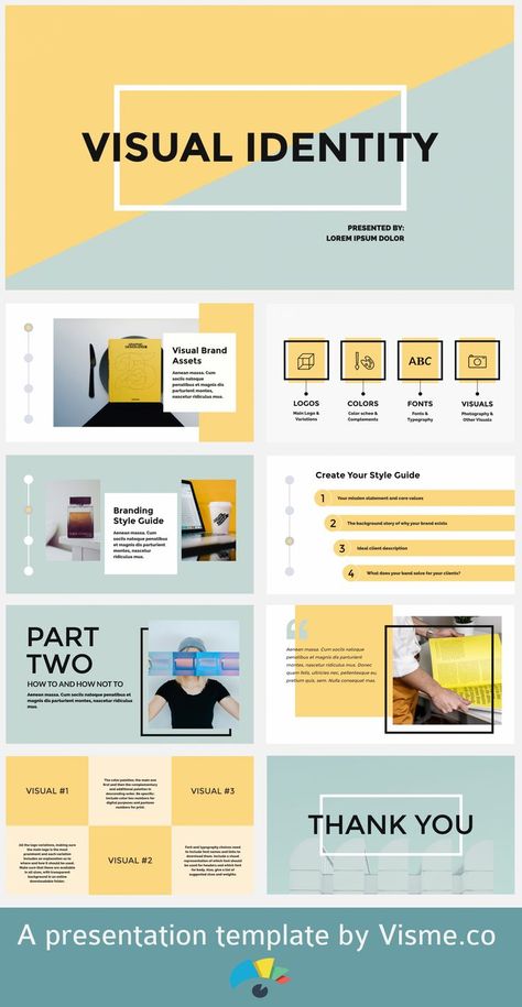 Use this template to create your own presentation. Either for a visual identity or anything you like. Get inspired to create amazing slides in less than you think.  #presentations #templates #slides #slidedeck Visual Presentation Ideas, Slides Ideas Presentation, Power Point Presentation Ideas, Presentation Layout Ideas, Powerpoint Design Free, Presentations Templates, Mises En Page Design Graphique, Keynote Design, Visuell Identitet