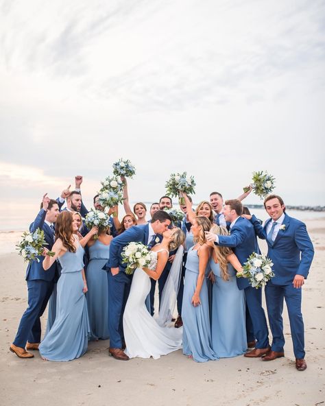 Groomsmen Short Sleeve Button Up, Summer Time Wedding Colors, Mother Of The Bride Dusty Blue, Marian Blue Wedding, Summer Blue Bridesmaid Dresses, Light Blue And Grey Wedding Theme, French Blue Wedding Party, Bridesmaid Dresses Blue Dusty, Beach Wedding Party Attire Color Schemes