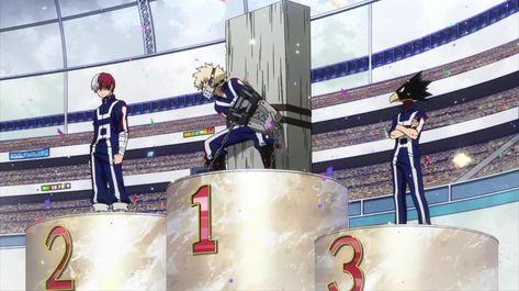 1st - Bakugo, 2nd - Todoroki, 3rd - Tokoyami. UA Sports Festival Ua Sports Festival, Shifting To Mha, Mha Visuals, Mha Shifting, Sports Festival, Shifting Visuals, Western Comics, Mha Dr, Mha Oc