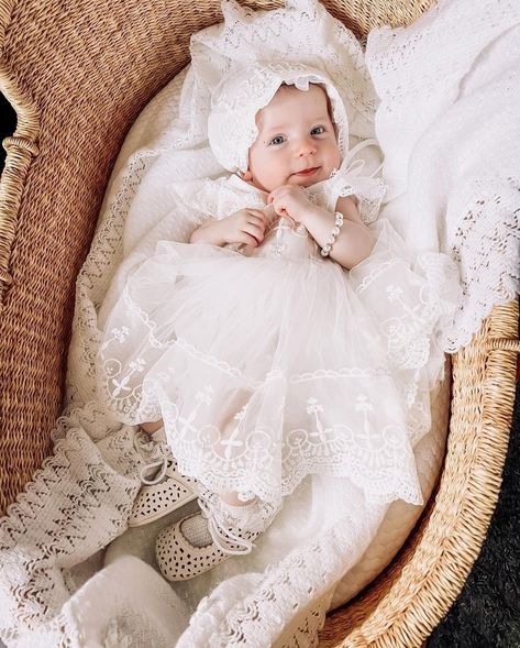 She's an angel dressed in white 🥰😇 @bethnoelle.vr ***TAP TO SHOP *** Dressed In White, Blessing Dress, Baby Blessing, Angel Dress, Baby Baptism, Lace Tie, Lace Material, Winter Socks, Summer Swim Suits