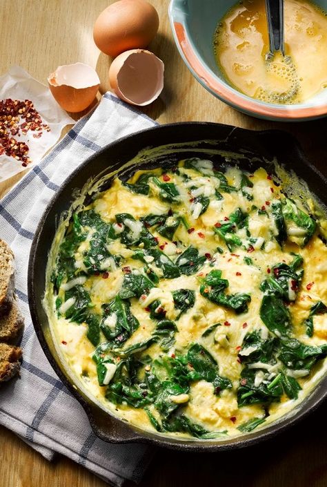 Scrambled Eggs with Spinach and Chilli Flakes Recipe from Bord Bia Scrambled Egg Recipes Healthy, Spinach And Eggs Breakfast, Eggs With Spinach, Flake Recipes, Scrambled Eggs With Spinach, Scrambled Eggs With Cheese, Scrambled Eggs Recipe, Brunch Eggs, Spinach Egg