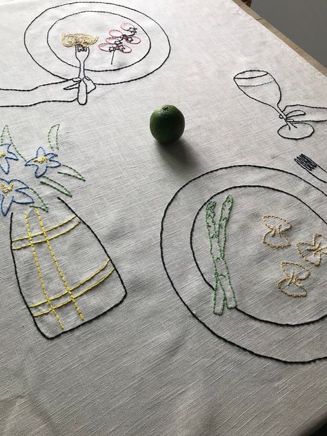 Hand-embroider Dinner Date for Two Beige Linen Table Runner - Etsy Embroidery Table Mat, Pasta Embroidery, Small Table Runner, Embroidery Table Runners, Embroidered Table Cloth, Tablecloth Embroidery, Wine Embroidery, Embroidery Tablecloth, Kitchen Embroidery Designs