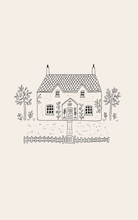 Aesthetic House Drawing Simple, House Line Art Drawing, Small Cottage Drawing, Dainty House Tattoo, House Graphic Design Illustration, Cottage Home Drawing, Simple Cottage Drawing, Cottage Illustration Simple, Line Art House Drawing