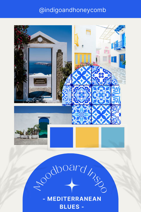 Escape to the stunning shores of the Mediterranean with our latest mood board, Mediterranean Blues! We're celebrating the beauty of ocean and Mediterranean blues, accented with crisp sea air whites, bright summer yellows, and lush greens, evoking the charm of days spent along the Greek or Italian seashore. 💙🇬🇷🇮🇹

📝 Dive deeper into the world of blue with our blog post, "Beyond the Blue: Unveiling Secrets of Blue Color Theory," where we explore blue's rich history. 

#Indigoandhoneycomb Santorini Blue Color Palette, Mykonos Color Palette, Blue Color Theory, Paint Colors For Bathrooms, Colors For Bathrooms, Color Palettes Blue, Colors For Bedrooms, Blue Color Palettes, Home Paint Color