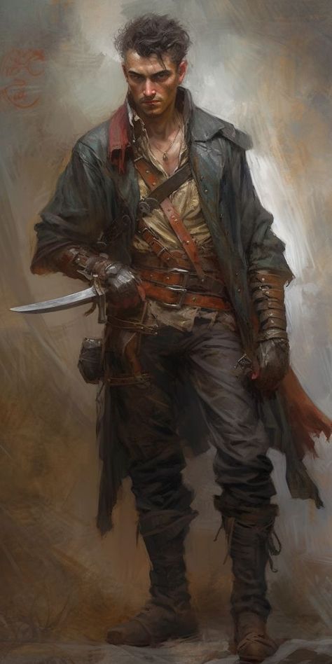 Bandit Leader Dnd, Swashbuckler Character Art, Dnd Rouge Art, Male Rogue Character Art, Rogue Character Design Male, Swashbuckler Dnd, Mercenary Concept Art, Rogue Character Art, D&d Npc