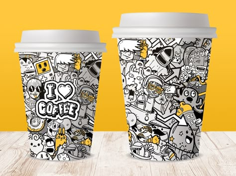 Doodle Art Packaging Design, Packaging Design Coffee Cup, Mug Illustration Design, Coffee Shop Logo Design Creative, Doodle Packaging Design, Paper Cup Design Packaging, Paper Cup Design Ideas, Coffee Paper Cup Design, Coffee Doodle Art