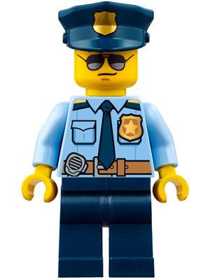 cty778: Police - City Officer Shirt with Dark Blue Tie and Gold Badge, Dark Tan Belt with Radio, Dark Blue Legs, Police Hat with Gold Badge, Sunglasses Lego City Characters, Lego Party Hat, Police Lego, Lego Organizer, Lego Police Station, Lego Storage Ideas, Lego Costume, Lego Organization, Dark Blue Tie