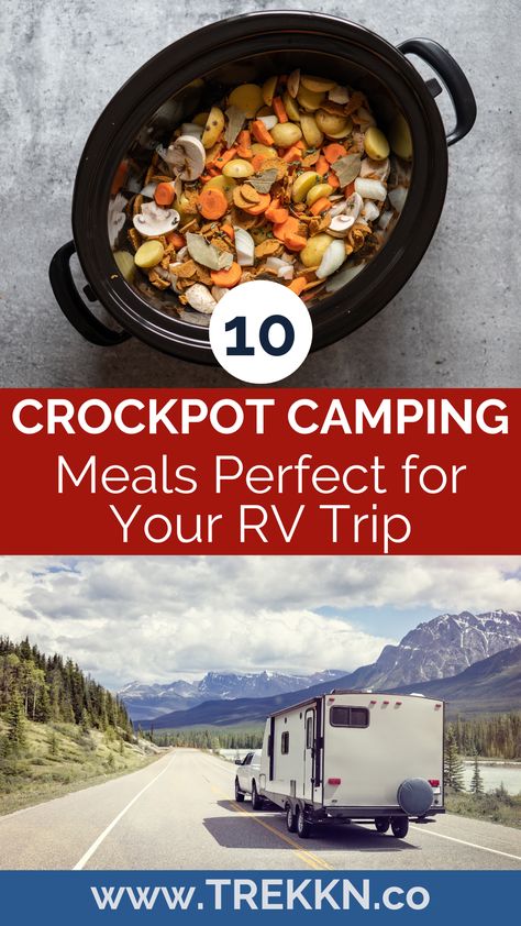 Looking for simple and delicious crockpot camping meals that are perfect for your RV? Look no further! From easy comfort foods to the best lunch and dinner dishes, we've got you covered with these 10 amazing crockpot camping meals. All of which can be made in no time, so you can spend more time out exploring! Visit trekkn.co for the recipes! Rv Crockpot Recipes, Soups For Camping Crock Pot, Crock Pot Meals For Camping, Slow Cooker Camping Recipes, Soups For Camping, Camping Crockpot Meals Easy Dinners, Cold Weather Camping Meals, Crockpot Camping Meals Dinners, Crockpot Recipes For Camping