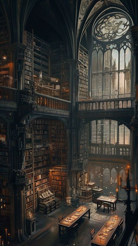 Art Nouveau Harry Potter, Magical Library Wallpaper, Steampunk Library Concept Art, Fantasy Books Aesthetic Wallpaper, Ancient Library Fantasy Art, Fantasy Scholar Aesthetic, Haunted Library Aesthetic, Huge Library Aesthetic, 1800s Library