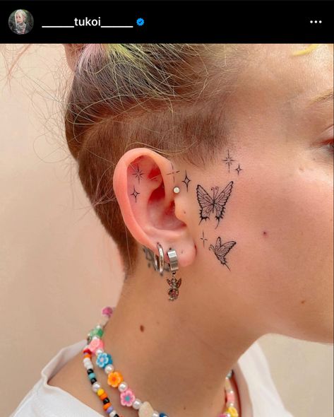 Girly Small Face Tattoo, Small Butterfly Face Tattoo, Mini Face Tattoos For Women, Butterfly Tattoo On Face, Side Burn Tattoos For Women Face, Simple Face Tattoos For Women, Cute Face Tattoos For Women, Tiny Face Tattoo, Sparkle Face Tattoo