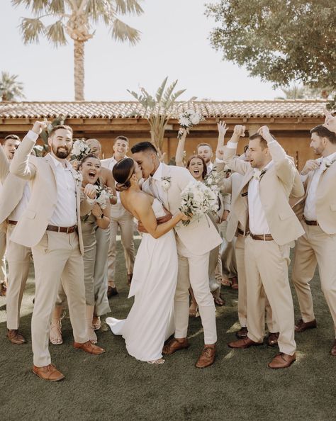 Tan Groomsmen, Pink Groomsmen, Beach Wedding Groom Attire, Neutral Wedding Decor, Beige Bridesmaids, Wedding Group Photos, Groomsmen Party, Bridal Party Groomsmen, Bridal Parties Colors