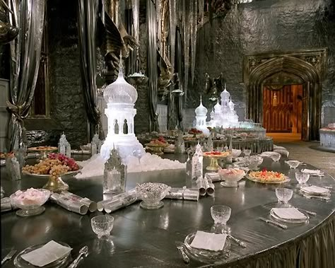 The High Table for the champions and their dates and the teachers/coordinators of the Triwizard Tournament say here. Triwizard Tournament Aesthetic, Triwizard Tournament Party Games, Yule Ball Aesthetic, Harry Potter Yule Ball, Hogwarts Visuals, Harry Potter Shifting, The Yule Ball, Hogwarts Shifting, Shifting To Hogwarts