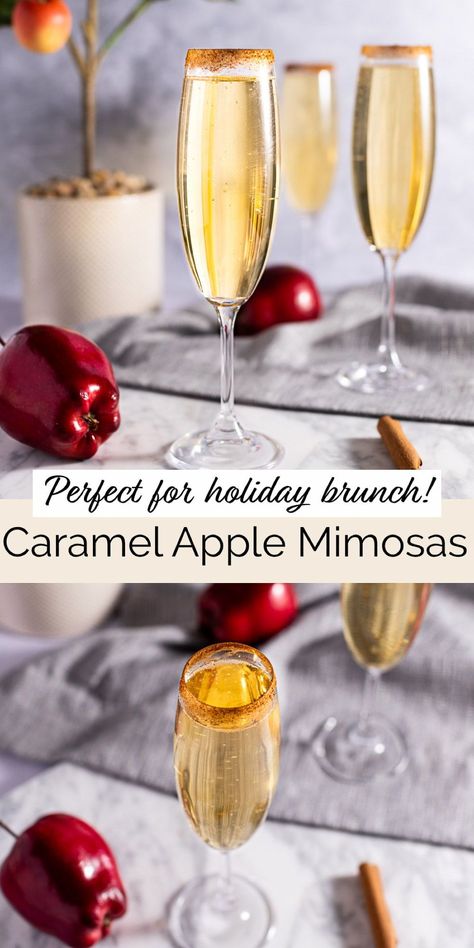 This caramel apple mimosa is the best fall-themed mimosa you’ve ever had. Caramel syrup, apple juice and champagne, served in a glass with a cinnamon brown sugar rim. Make a couple at a time or a large batch for your next holiday brunch. Caramel Apple Cider Mimosas, Thanksgiving Drink With Champagne, Caramel Apple Mimosa Recipe, Apple Juice Mimosa, Halloween Themed Mimosa, Carmel Apple Mimosas, Cinnamon Apple Mimosa, Carmel Apple Mimosas Recipe, Champagne Mimosa Recipes