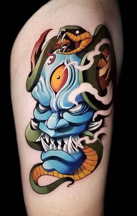 American Traditional Oni Mask Tattoo, Blue Oni Mask Tattoo, ဗျဲခေါင်း Tattoo, Omni Mask Tattoo, Omi Mask Tattoo, Oni Tattoos, Hanya Mask Tattoo Design, Mask Tattoo Ideas, Hanya Mask Tattoo