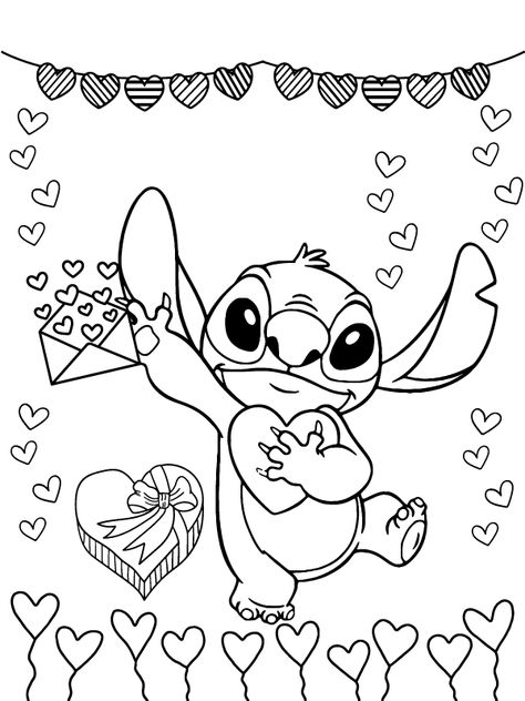 Stitch with Full of Valentine Hearts Coloring Page Disney Love Coloring Pages, Stitch Coloring Sheets, Stitch And Angel Coloring Pages, Stitch Coloring Pages Free Printable, Stitch Colouring Pages, Valentines Stitch, Stitch Colouring, Stitch Valentines Day, Coloring Pages Valentines Day