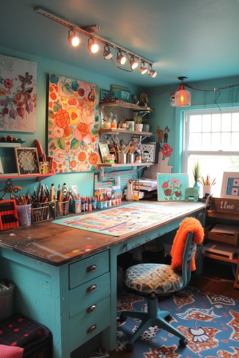 Woman Cave Ideas Home Craft Space, Library And Art Room, Small Art Space Ideas, Large Desk Makeover, Reading And Craft Room, Craft Desk Aesthetic, Crafty Room Ideas, Art Studio Inspiration Small Spaces, Home Craft Room Ideas