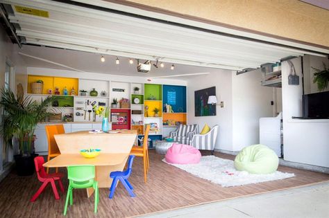 54 garage conversion ideas to add more living space to your home | loveproperty.com Garage Converted To Classroom, Playroom Garage Conversion, Garage Makeover Playroom, Turning Garage Into Playroom, Garage Conversion To Playroom, Garage Classroom Ideas, Kids Garage Playroom, Playroom In Garage Ideas, Garage Converted To Playroom