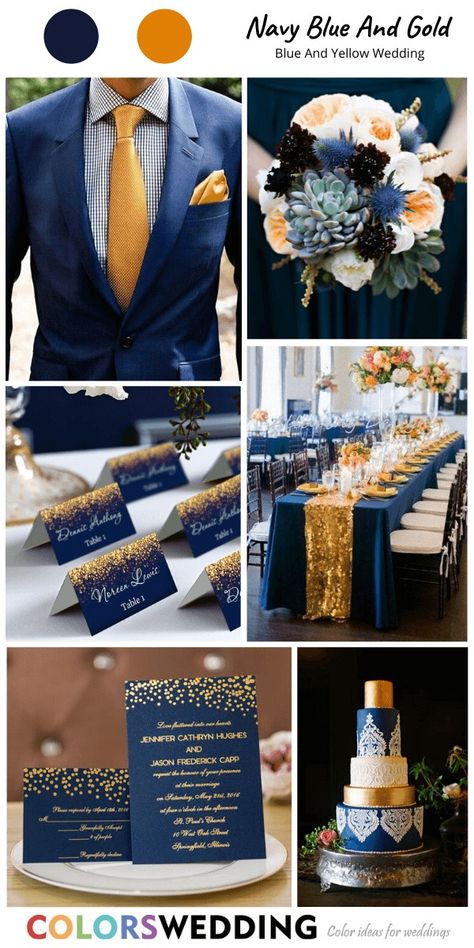 Blue Gold Wedding Centerpiece, Navy Blue Cream And Gold Wedding, Navy Blue And Yellow Wedding Theme, Gold Blue Wedding Theme, Wedding Color Palette With Gold, Navy Blue And Gold Wedding Cake, Navy And Gold Wedding Cake, Blue And Gold Wedding Decorations, Blue Gold And White Wedding