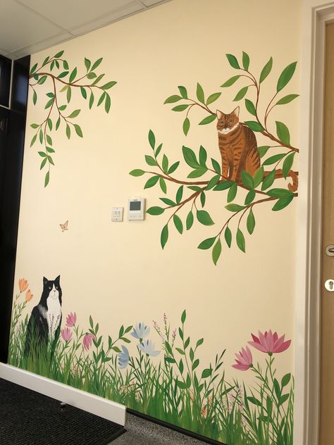 Grass Painting On Wall, Hand Painted Nursery Wall Murals, Cat Wall Painting, Easy Flower Wall Painting, Hand Painted Nursery Mural, Cat Mural Ideas, Grass Wall Painting, Flower Wall Painting Simple, Mural Art Simple