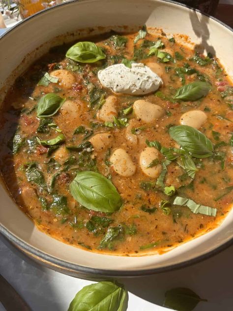 Creamy Tuscan Butter Bean Soup Butter Bean Soup Recipe, Tuscan Butter Beans, Tuscan Butter, Butter Bean Soup, Bean Soup Recipe, Bean Soup Recipes, Tomato Vegetable, Vegetarian Recipe, Chopped Spinach