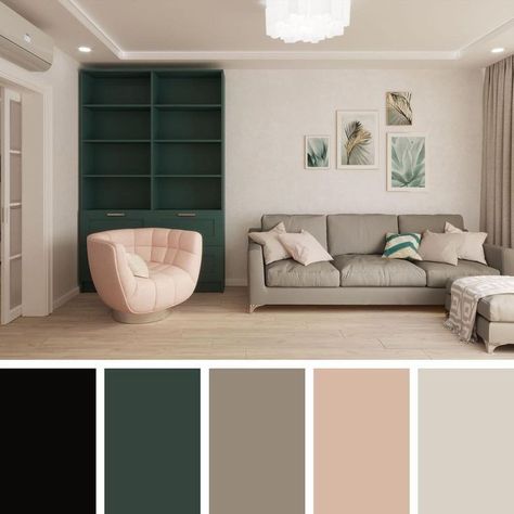 Small Flat Interior, Color Palette Interior, Palette Living Room, Living Room Color Combination, Green Sofa Living, Green Sofa Living Room, Color Palette Interior Design, Living Room Colour, Colour Palate