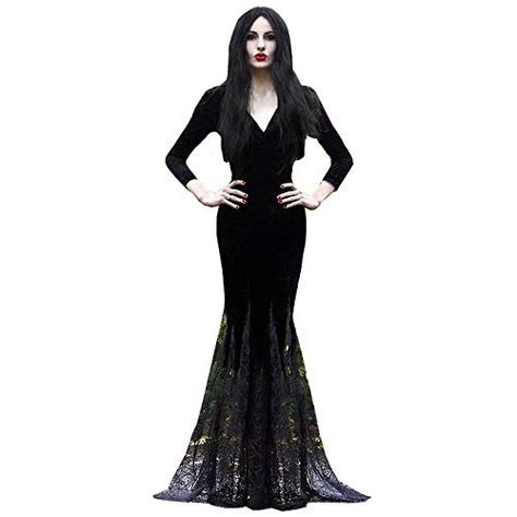 Women Maxi Dress V Collar Black Lace Dress Long Sleeve Party Gown Female Autumn Elegant Vestidos Lapel Rope High Wais... Gothic Long Sleeve Corset Dress, Party Gowns Elegant, Gothic Fitted Maxi Dress, Gothic V-neck Evening Dress, Fitted Gothic Floor-length Maxi Dress, Gothic Long Sleeve Sheer Dress, Black Lace Long Sleeve Dress, Black Lace Dress Long, Fishtail Maxi Dress