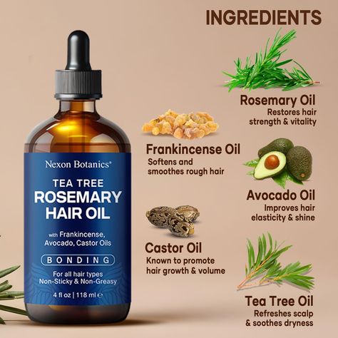 Nexon Botanics Tea Tree Rosemary Oil For Hair Growth 4 fl oz - Hair Oil for Bonding - With Frankincense, Avocado & Castor Oil - For Dry Scalp & Hair Care Oil For Scalp, Rosemary Oil For Hair Growth, Rosemary Tea, Hair Tea, Rosemary Oil For Hair, Dry And Damaged Hair, Oil For Hair Growth, Frankincense Oil, Oil For Hair