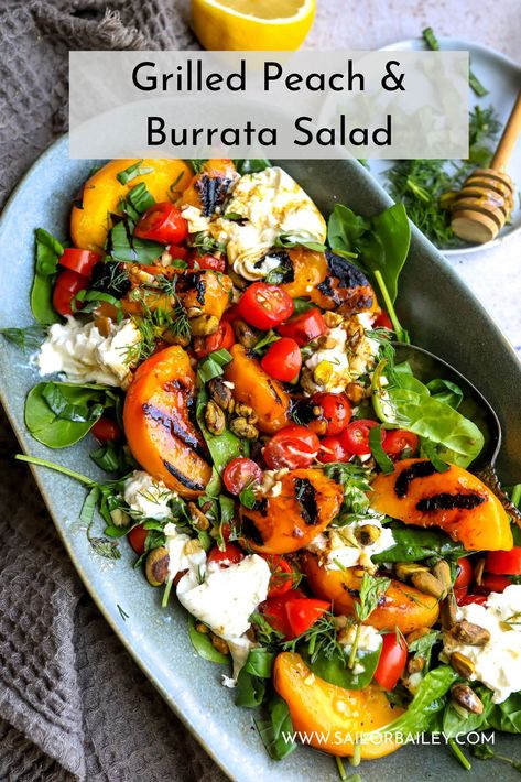 Grilled peach and burrata salad is easy to grill up, perfect summer salad and gathers both sweet and savory components. Ready in 20 minutes. via @sailor_bailey Peach And Buratta Salad, Grilled Peaches And Burrata Salad, Grilled Peach Appetizer, Fall Peach Salad, Summer Savory Recipes, Easy Grill Food, Toasties Fillings, Grilled Summer Salad, Grilled Peach Salad Recipes