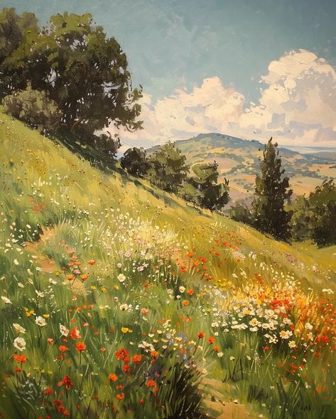 ->> more details in ai-img-gen.com Scenery Painting Reference, Oil Painting Grass Field, Morning Landscape Painting, Oil On Canvas Painting Landscapes, Landscape Pastel Paintings, Oil Pastel Landscape Beautiful, Painting Of A Field, Beautiful Scenes Nature, Gouache Flower Field