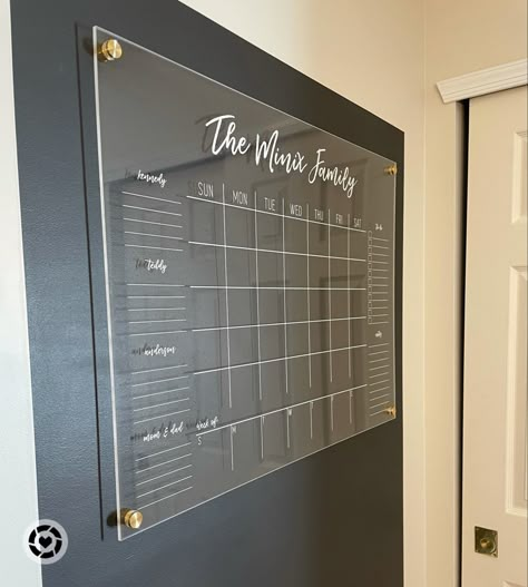 Family personalized calendar | command center in kitchen Family Calendar Wall Entryway, Home Wall Calendar Ideas, Black Wall Command Center, Family Planner Wall Kitchen, Acrylic Command Center Ideas, Family Acrylic Calendar, Acrylic Family Wall Planner, Mudroom Calendar Wall, Office Wall Planner