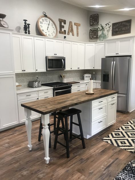 Farmhouse Kitchen Small Island, Kitchen Island Near Wall, Long Narrow Kitchen Island Ideas, Eat In Counter Ideas, Slim Kitchen Island Ideas, Kitchen Island Ideas For Narrow Kitchens, Kitchen Island With Stools On End, Studio Kitchen Island Ideas, Kitchen Island Long Narrow