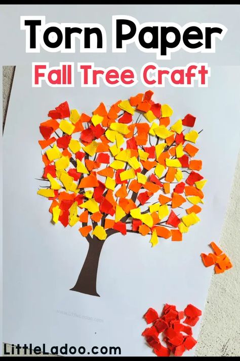 Fall Tree Fine Motor Activity, Torn Pumpkin Craft, Torn Paper Fall Tree, Pre K Tree Craft, Preschool Tree Template, Torn Paper Pumpkin Craft, Tree Activities For Preschoolers, Fall Tree Preschool Craft, Preschool Fall Tree Crafts