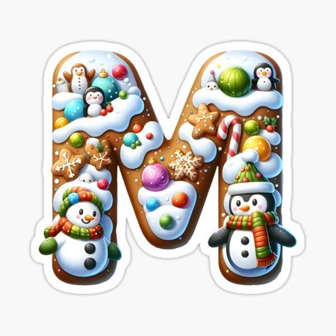 This image depicts a winter-themed letter "M" adorned with snowmen, a penguin, and Christmas ornaments, ideal for seasonal educational content and festive decorations. M Christmas Letter, Letter A Sticker, M Sticker, Xmas Stickers, M Letter Images, Free Fonts For Commercial Use, Christmas Fonts Free, Xmas Sticker, Fonts For Commercial Use