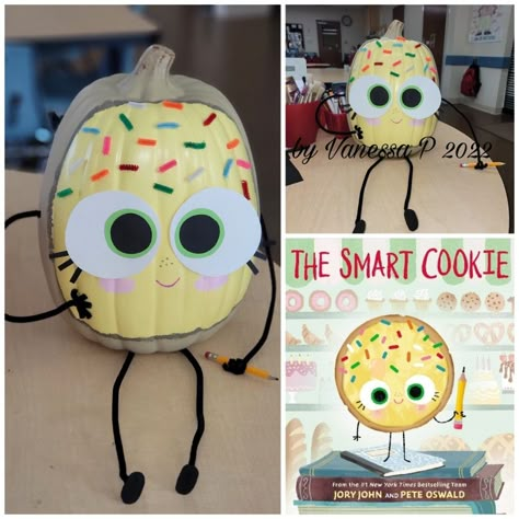 A fun no carve storybook pumpkin. The Smart Cookie Pumpkin Decorating, E.t. Pumpkin Carving, Painted Pumpkins Based On Books, Pumpkin Ideas Book Characters, The Smart Cookie Pumpkin, Decorate Pumpkin Book Character, Kids Book Character Pumpkins, Book Characters For Pumpkins, Smart Cookie Pumpkin