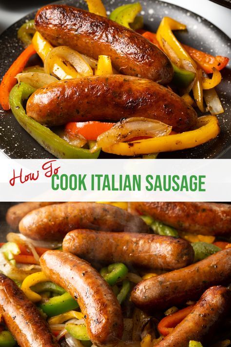 How to Cook Italian Sausage Links - We share the tried and true easy steps and tips to cook flavorful Italian sausages and peppers using the grill, oven, or stovetop. Plus our quick recipe for one skillet sausage and peppers with onions! | A Spicy Perspective Italian Sausage And Peppers Skillet, Fresh Italian Sausage Recipes, Beef Sausages Recipe, Johnsonville Sausage Recipes Dinners, Johnsonville Italian Sausage Recipes, Best Way To Cook Italian Sausage, Cooking Italian Sausage On Stove, Dutch Oven Sausage And Peppers, Smoked Italian Sausage Recipes