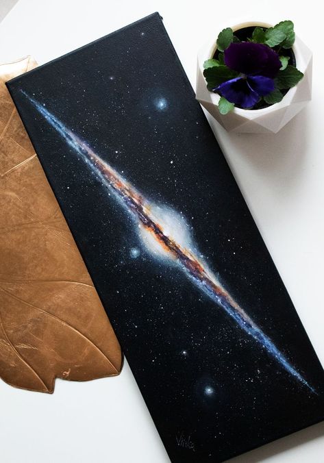 his painting is a representation of a galaxy named Needle galaxy. Stars in acrylic on canvas. Large Canvas Galaxy Painting, Physics Painting Ideas, Painting Ideas On Canvas Stars, Stars Painting Aesthetic, Paintings Of Space, Space Themed Painting, Galaxy Art Drawing, Star Painting Ideas, Galaxy Painting Easy