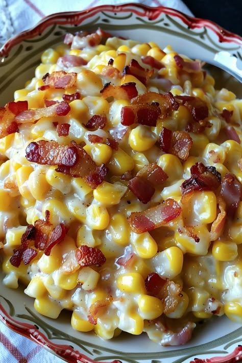 Slow Cooker Cheddar Corn with Bacon Corn With Bacon, Cheddar Corn, Slow Cooker Creamed Corn, Corn Recipes Side Dishes, Bacon Casserole, The Southern Lady Cooks, Southern Lady Cooks, Cheesy Corn, Corn Dishes