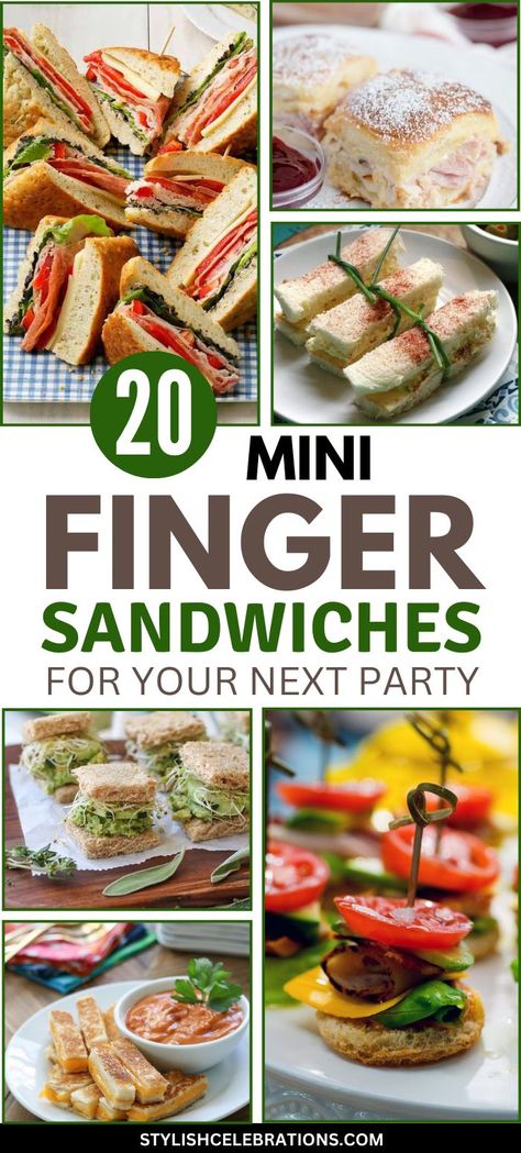 20 Mini Finger Sandwiches for Your Party Mini Sandwich Appetizers, Party Finger Sandwiches, Finger Sandwich Recipes, Appetizer Food Ideas, Mini Sandwiches Recipes, Sandwiches For Parties, Vegetarian Finger Food, Christmas Sandwiches, Party Food Dips