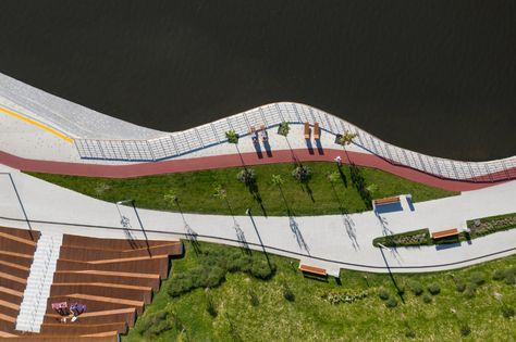 Gallery of Poyma Embankment Park / Basis architectural bureau - 11 Waterfront Design, River Design, Linear Park, Pergola Swing, Urban Landscape Design, Landscape Architecture Design, River Bank, High Rise Building, Urban Planning