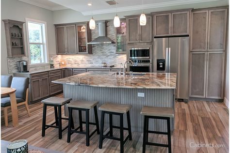 Open Concept Kitchen Featuring Storm Gray Stained Cabinets with Glass Accents - Cabinets.com Kitchen Gray Countertops, Gray Stained Cabinets, Stained Cabinets, Stained Kitchen Cabinets, Brown Kitchen Cabinets, Order Kitchen, Free Kitchen Design, Grey Countertops, Staining Cabinets