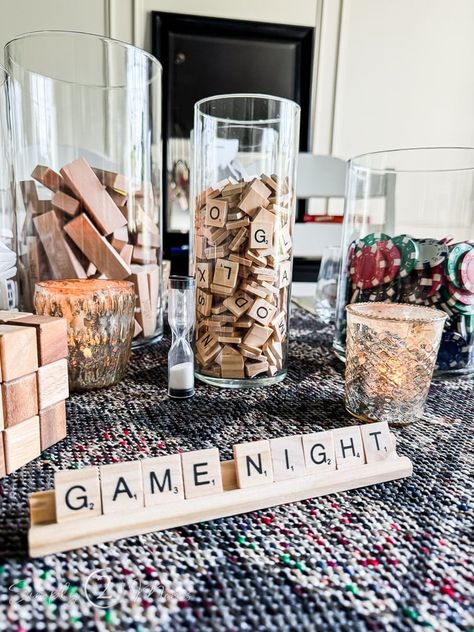 Game Night Set Up Ideas For Adults, Card Game Party Decorations, Puzzle Night Ideas, Board Game Night Ideas For Adults, Game Night Scoreboard, Game Night Decorations Ideas Diy, Game Night Date Aesthetic, Game Night Event, Board Game Bridal Shower Theme