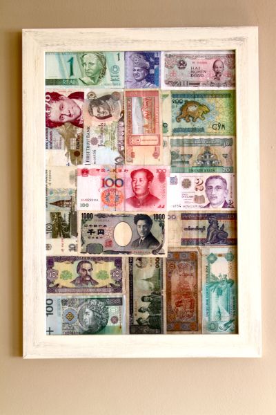 The foreign money jar gets some inspiration | Cultural Jet Lag Foreign Money, Travel Photos Display, Souvenir Display, Travel Room, Travel Crafts, Money Collection, Money Jars, Coin Display, Travel Keepsakes