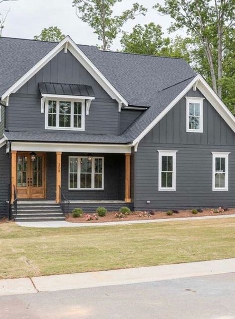 Dark House With White Trim, Grey House With Wood Shutters, Bm Wrought Iron Exterior, Exterior House Colors With Shutters Paint Ideas, Sw Inkwell Exterior, Dark Siding White Windows, Dark House White Windows, Iron Ore Siding, Iron Ore House Exterior