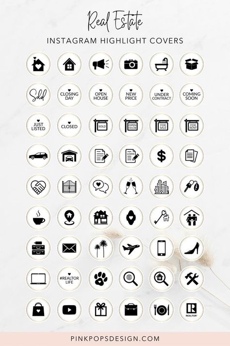 Instagram Story Highlight Icons Real Estate Instagram Highlight Covers, Realtor Instagram, Real Estate Icons, Instagram Story Covers, Feminine Logo Design, Simple Branding, Black And White Instagram, Instagram Story Highlight Covers, Realtor Branding