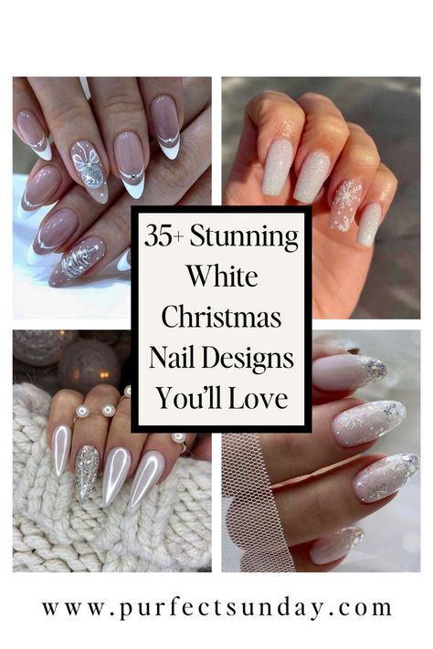 White Tip Nails Christmas, Wedding Sparkly Nails, Snowflakes Acrylic Nails, Winter Themed Nails Almond, Silver White Christmas Nails, White Holiday Nails Short, Icy Glitter Nails, Classy White Christmas Nails, White Icy Nails