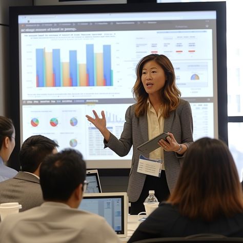 Business Presentation Success: Confident businesswoman presenting colorful data charts to attentive colleagues during an engaging corporate training session. #business #presentation #woman #training #corporate #data #graphs #charts #aiart #aiphoto #stockcake https://ayr.app/l/V9CE Presentation Vision Board, Career Success Vision Board, Confident Presentation, Confident Woman Pictures, Woman Giving Presentation, Presentations Aesthetic, Woman Presentation, Women Presenting, College Presentation